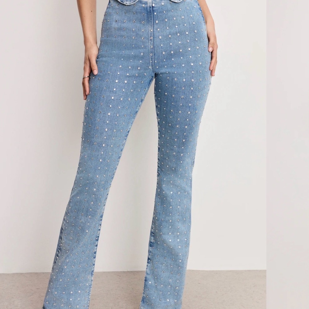 Good American Sky Blue Embellished Wide Leg Jeans